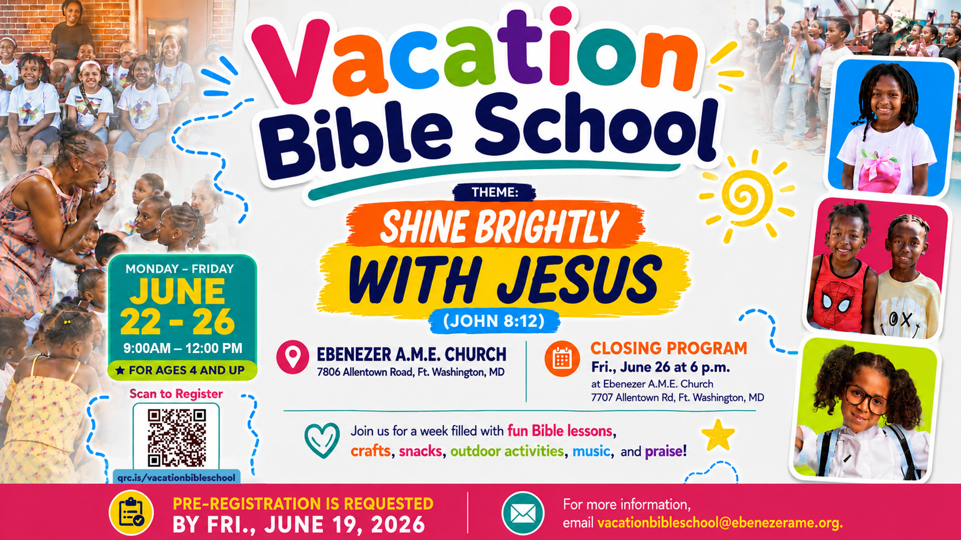 Vacation Bible school June 22 -26 with QR code