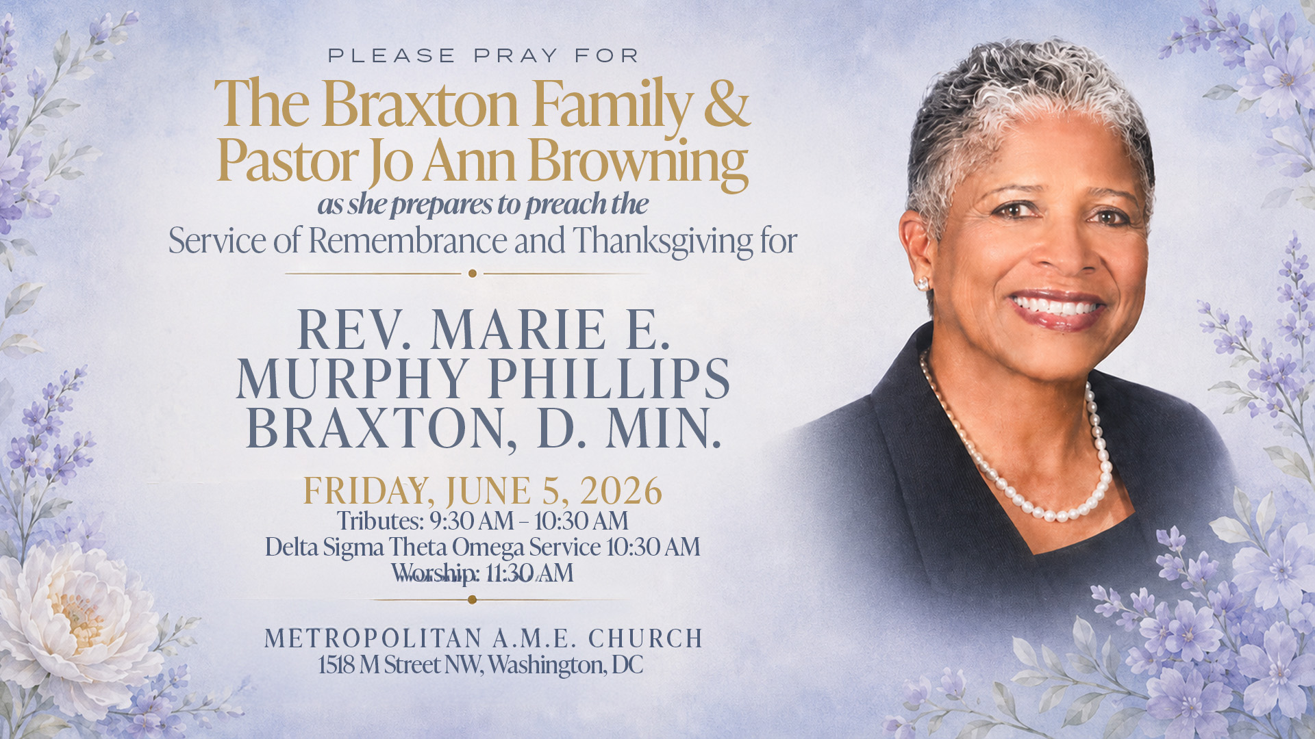 Pastor Jo Ann to preach Rev. Dr. Marie Braxton's memorial Service