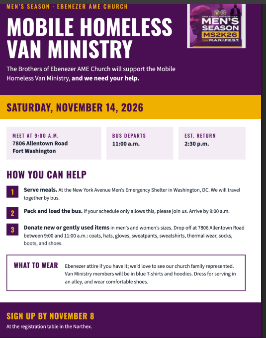 Mobile Homeless Van Ministry Men's outreach on Nov. 14